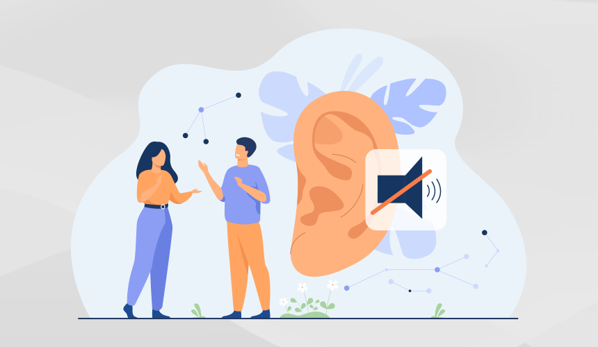 Duas pessoas conversando utilizando sinais e um ouvido com um altofalante mutado